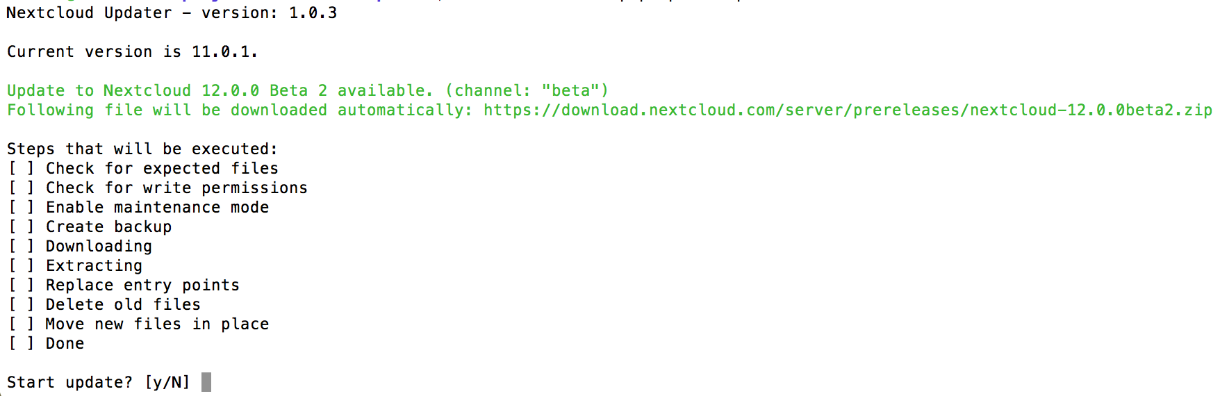 Terminal showing Nextcloud command line updater starting and displaying update information