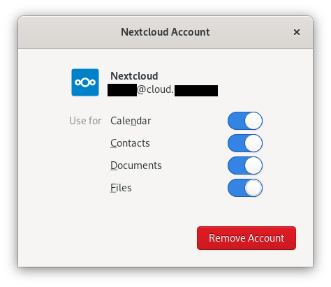 GNOME Online Accounts dialog to select which Nextcloud resources to synchronize