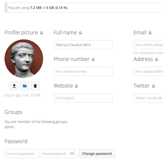 Nextcloud personal settings page listing profile, security, and notification options