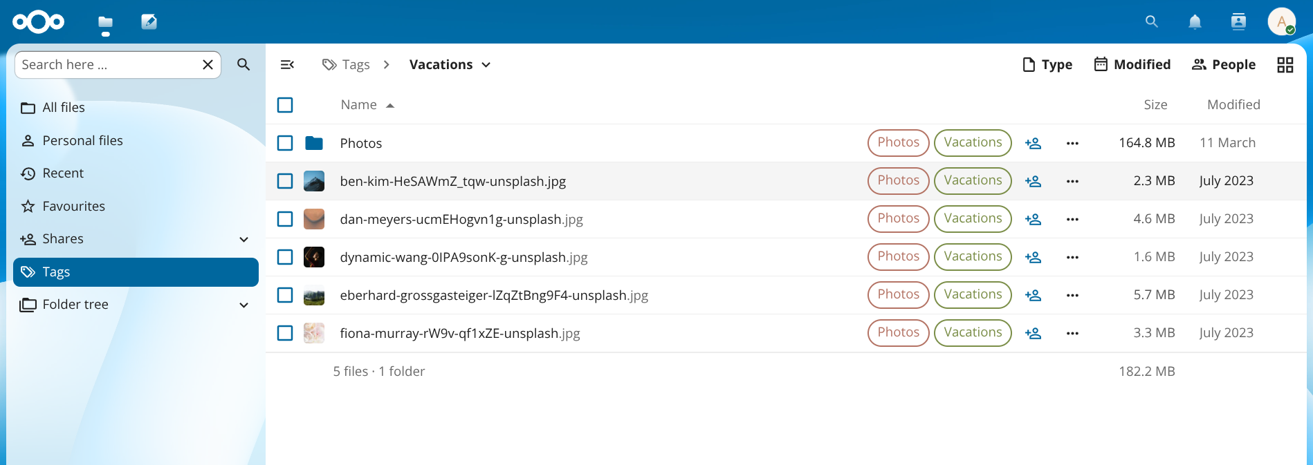 The Tags view with Vacations selected, showing the filtered file list with inline tags on each row.