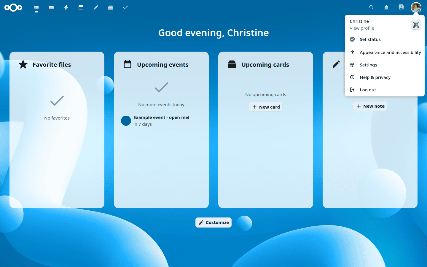The profile menu showing options for settings, status, appearance, and logging out.